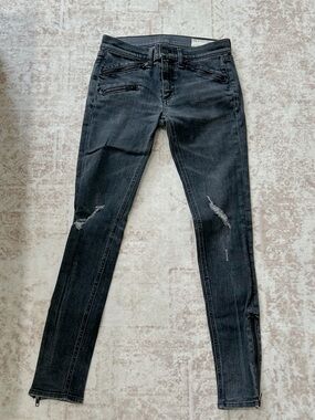 rag & bone Black Distressed Skinny Jeans with Ankle Zips Size 27